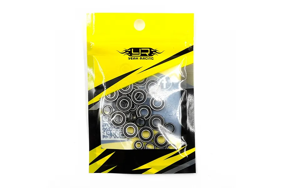 A sealed plastic bag containing a set of various sized metal ball bearings for RC cars, branded with the Yeah Racing logo.