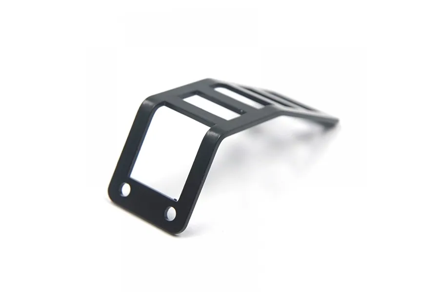 A black aluminium side ladder accessory for an RC car, featuring a bent design with mounting holes at the base.