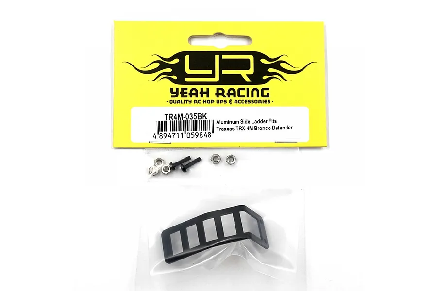 Yeah Racing black aluminium side ladder for Traxxas TRX-4M in yellow branded packaging with included mounting hardware.