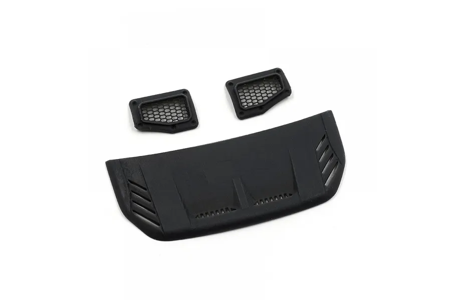 A black RC car engine hood and two side intake vents on a white background.