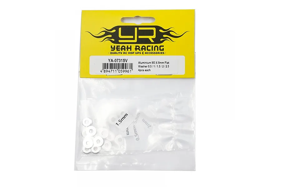 A sealed plastic retail package of Yeah Racing silver aluminium washers, showing multiple sizes including 0.5mm, 1mm, 1.5mm, 2mm, and 2.5mm.