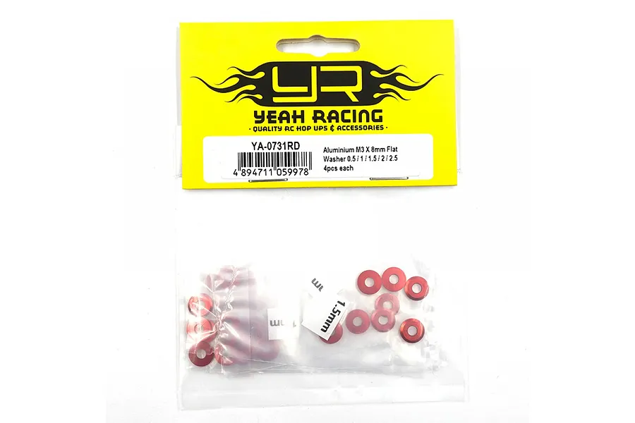 Yeah Racing Aluminium Washer Kit in red, packaged in a clear plastic bag with a yellow header card showing the brand logo and product details.