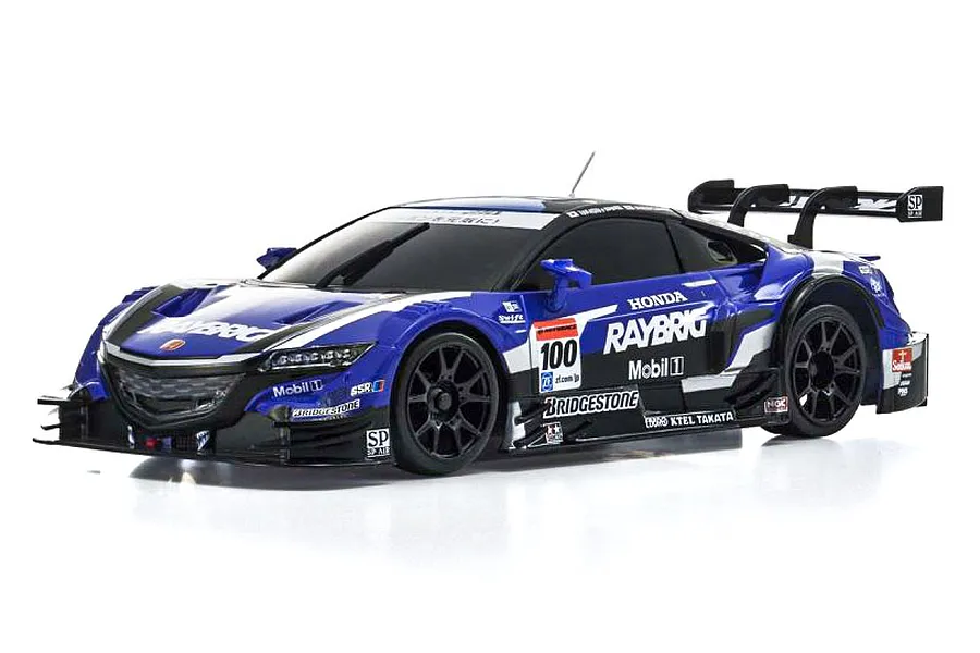 Kyosho Mini-Z RAYBRIG NSX Concept-GT 2014 RC car in blue and black livery with sponsor decals on a white background.