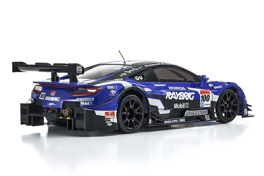 Rear three-quarter view of a blue and black Kyosho Mini-Z RAYBRIG NSX Concept-GT 2014 RC car on a white background.