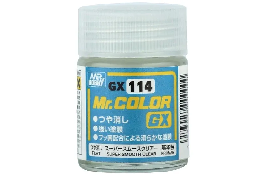 A small glass jar of Mr. Hobby GX114 Super Smooth Flat Clear coat paint with a white plastic lid against a white background.