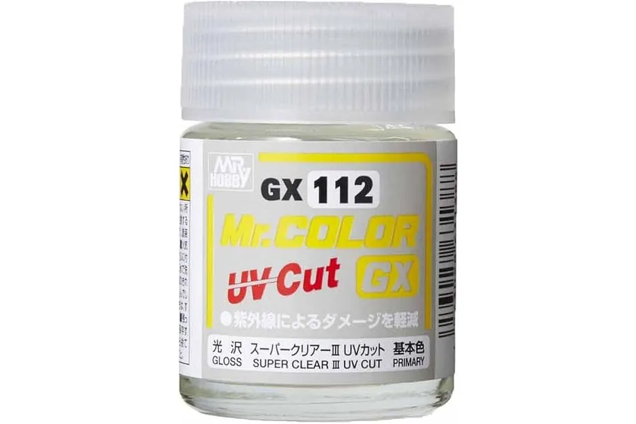 A close-up studio shot of a 18ml glass jar of Mr. Hobby GX112 UV Cut Super Clear Gloss paint with a white plastic screw-top lid.
