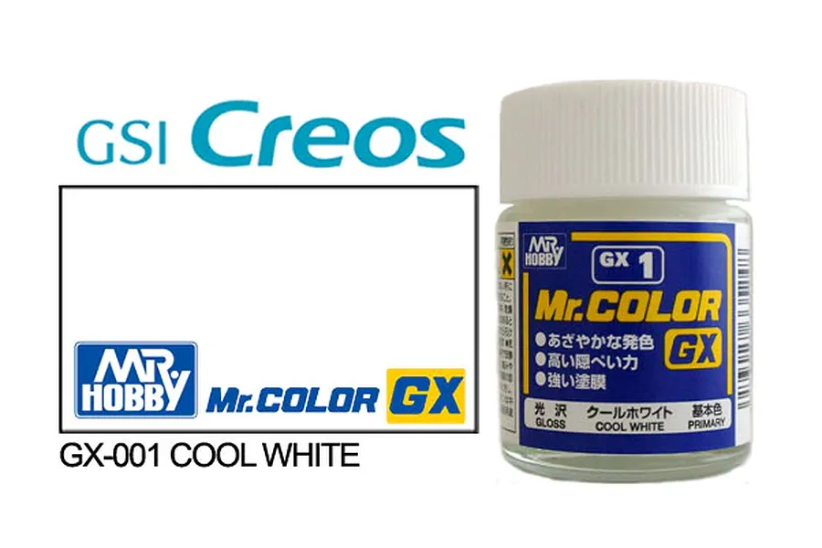A bottle of Mr. Hobby Mr. Color GX Cool White gloss paint, showing the product label and branding on a white background.