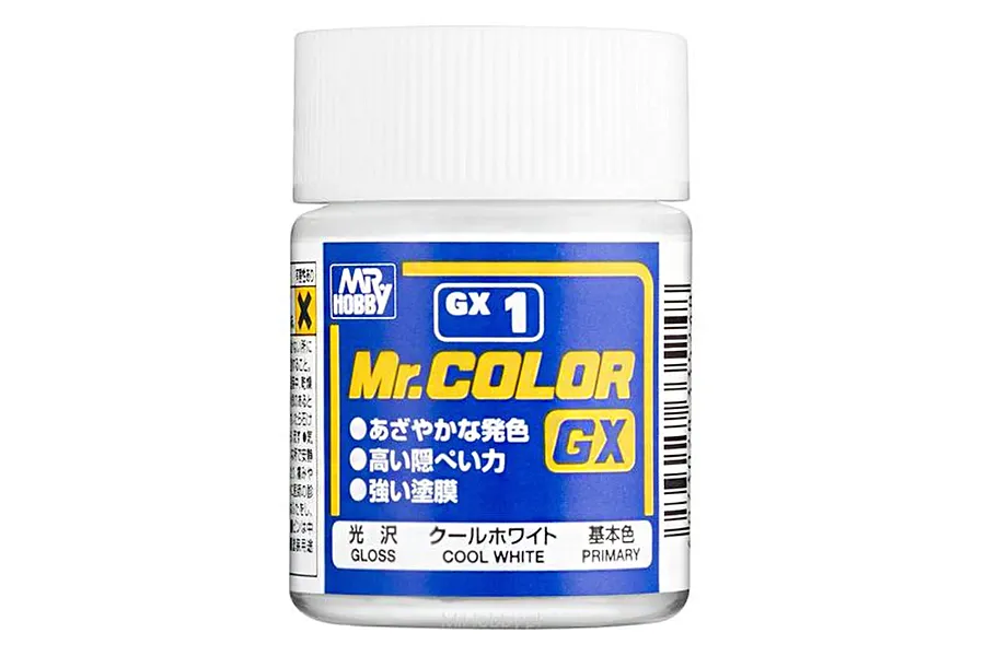 A small jar of Mr. Hobby GX1 Cool White Gloss paint with a white cap and blue and yellow label.
