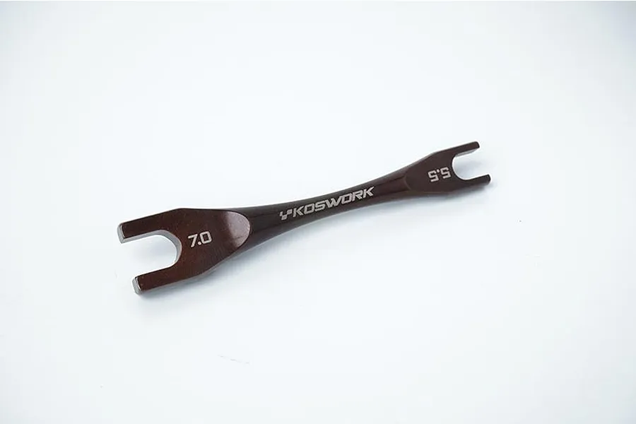 A dark brown Koswork dual-ended turnbuckle wrench with 5.5mm and 7.0mm openings on a plain white background.