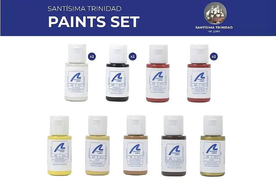 A set of nine Artesania Latina acrylic paint bottles for the Santisima Trinidad model ship, displayed against a white background.
