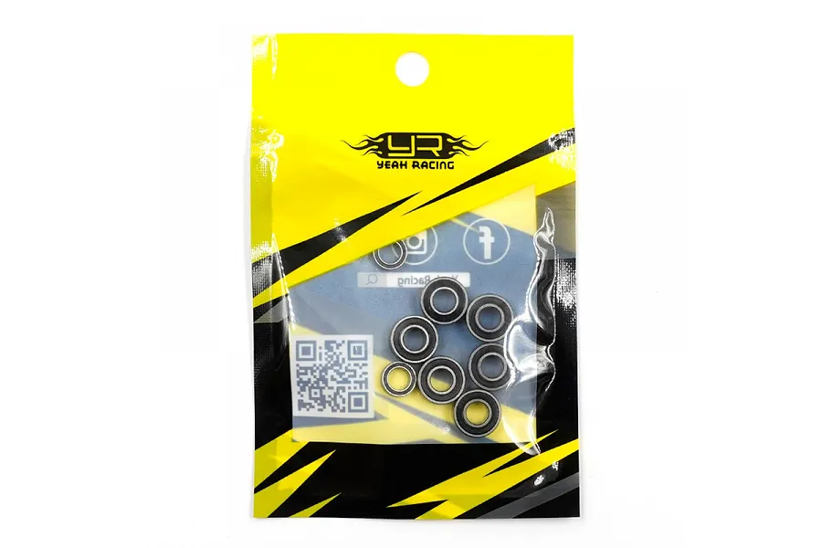 A sealed plastic bag containing a set of small metal ball bearings for an RC car, branded with the Yeah Racing logo.