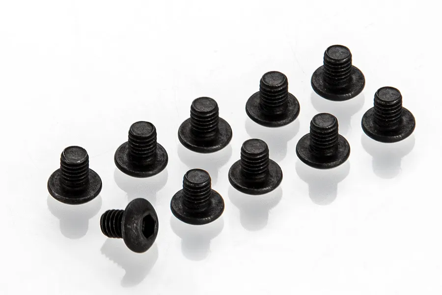 Ten black metal button head screws arranged on a white background.