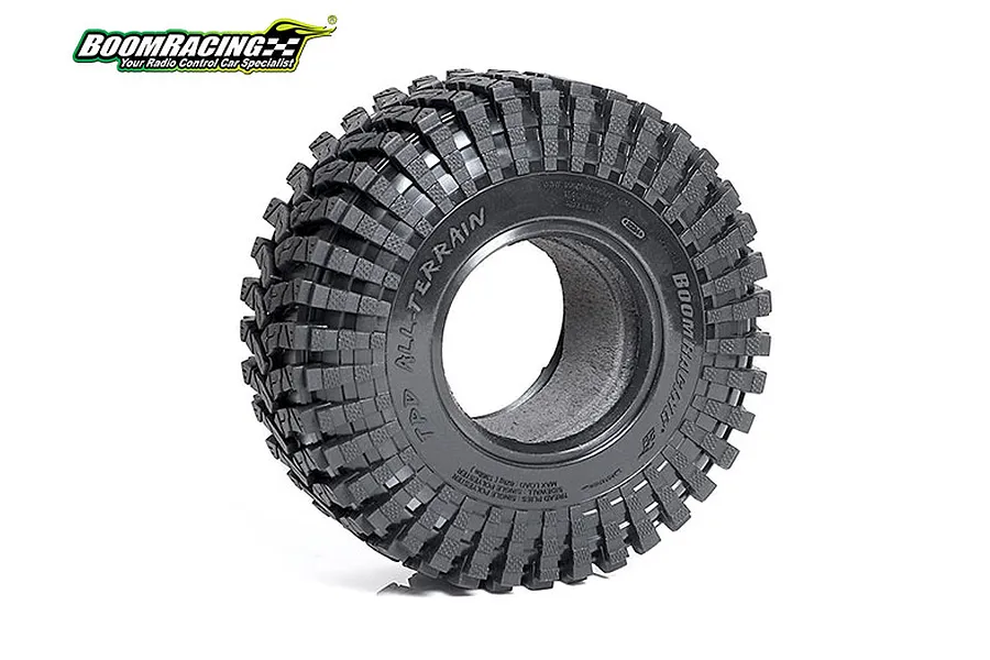 A single Boom Racing 1.9 inch TPD All-Terrain RC crawler tyre with aggressive tread pattern, shown against a white background.
