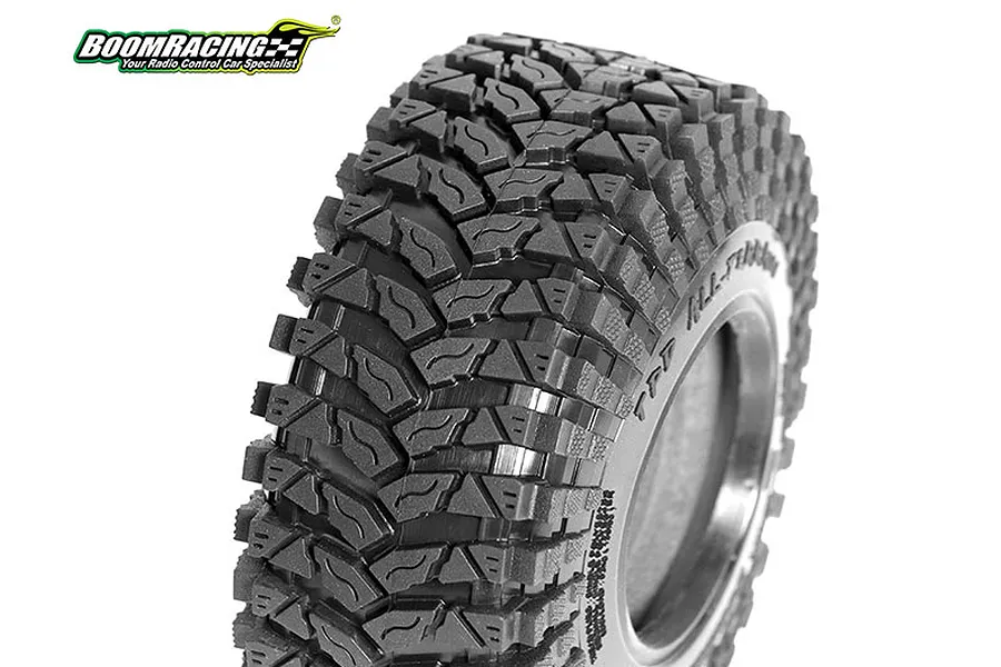 A close-up studio shot of a single Boom Racing 1.9 inch TPD All-Terrain RC crawler tyre featuring a detailed aggressive tread pattern.