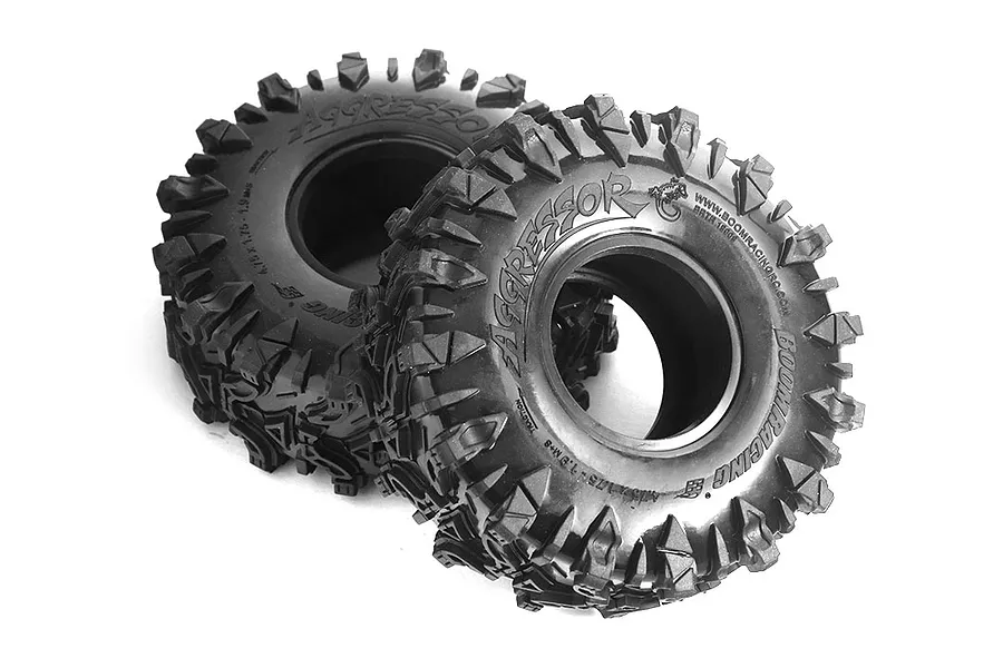 Two Boom Racing 1.9 inch Aggressor Gekko compound RC crawler tyres shown from a side angle against a white background.