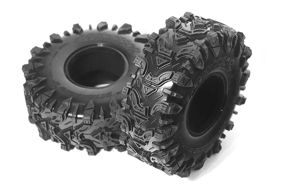 Two black Boom Racing 1.9 inch Aggressor crawler tyres with aggressive tread patterns, shown against a white background.