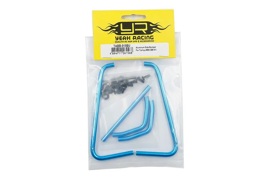 Yeah Racing blue aluminium side bumper set for Tamiya BBX in original yellow and clear plastic packaging.