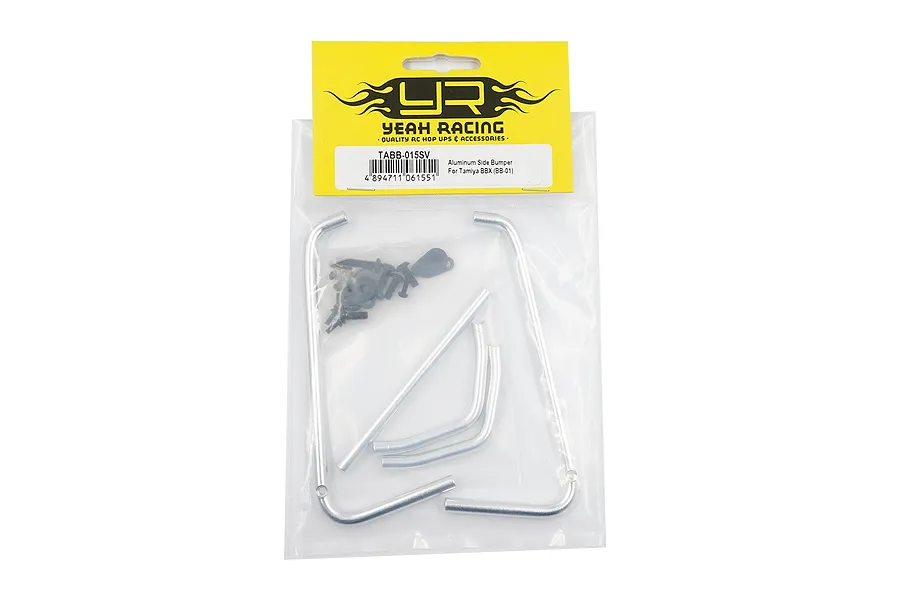 Yeah Racing silver aluminium side bumper set for Tamiya BBX in original retail packaging.