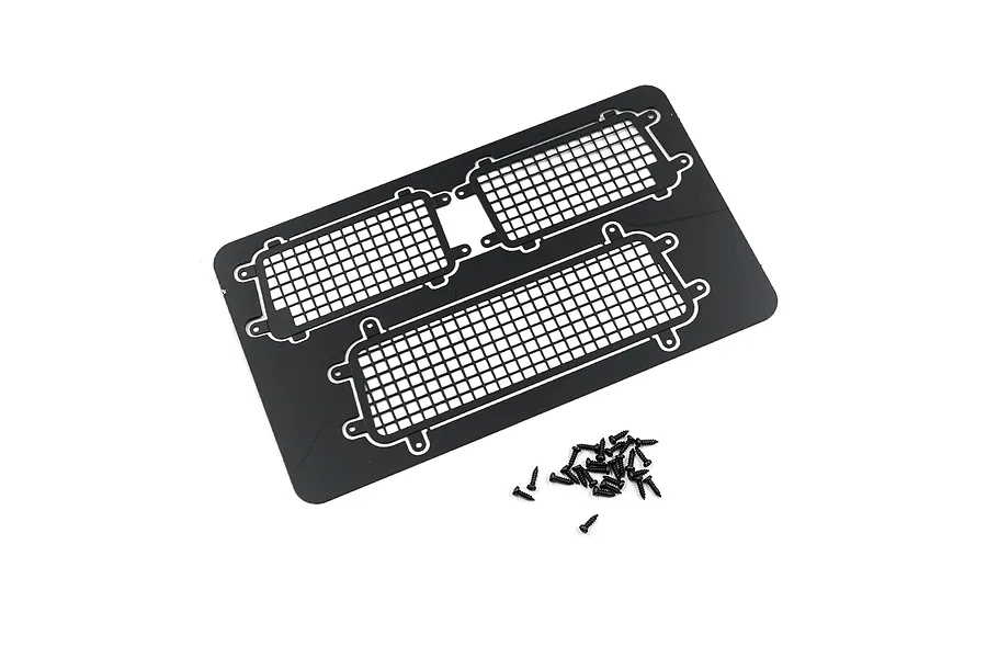 A black stainless steel window mesh sheet for 1/18 scale RC cars, including a small pile of black mounting screws on a white background.