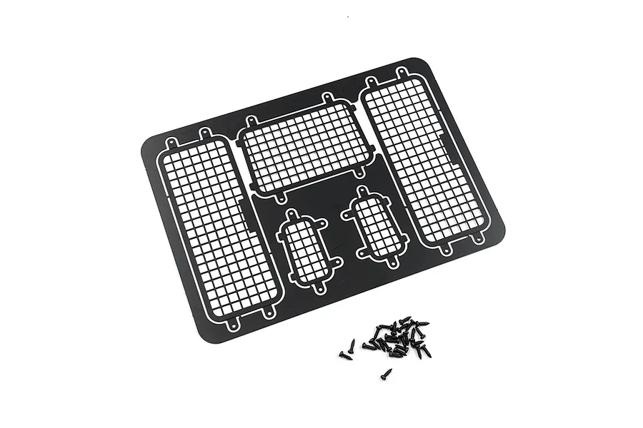 A flat sheet of black stainless steel window mesh for RC cars, featuring various rectangular grid sizes, accompanied by a small pile of black mounting screws.
