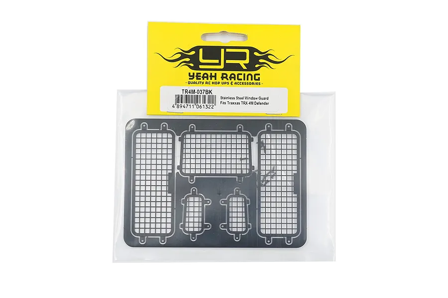 Yeah Racing stainless steel window mesh for Traxxas TRX-4M Defender in original yellow and black packaging.