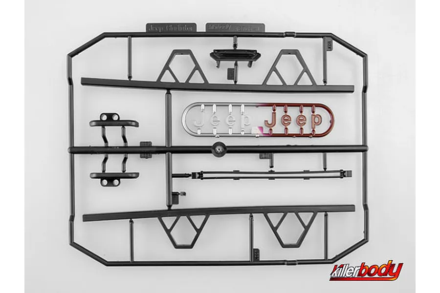 A black plastic sprue containing RC car parts including sidesteps, tailgate components, and a Jeep logo emblem on a white background.