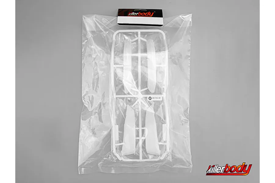 Killerbody 1/10 scale wheel fender parts set on a plastic sprue inside a clear sealed bag with a header card.