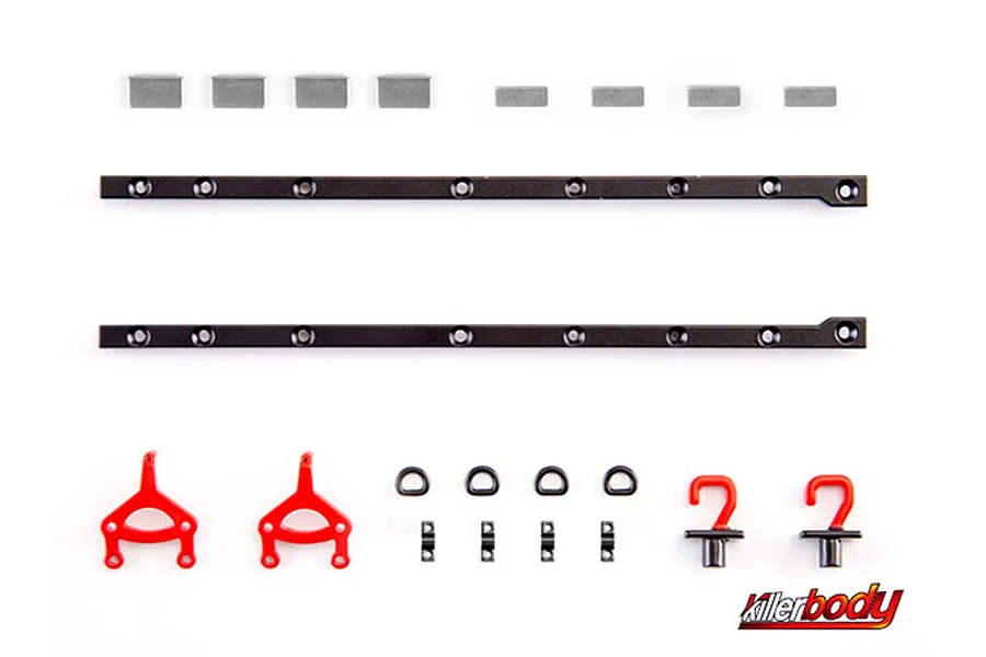 A set of Killerbody 1/10 scale metal alloy RC parts including two long black rails, red brackets, small metal hooks, and mounting hardware on a white background.