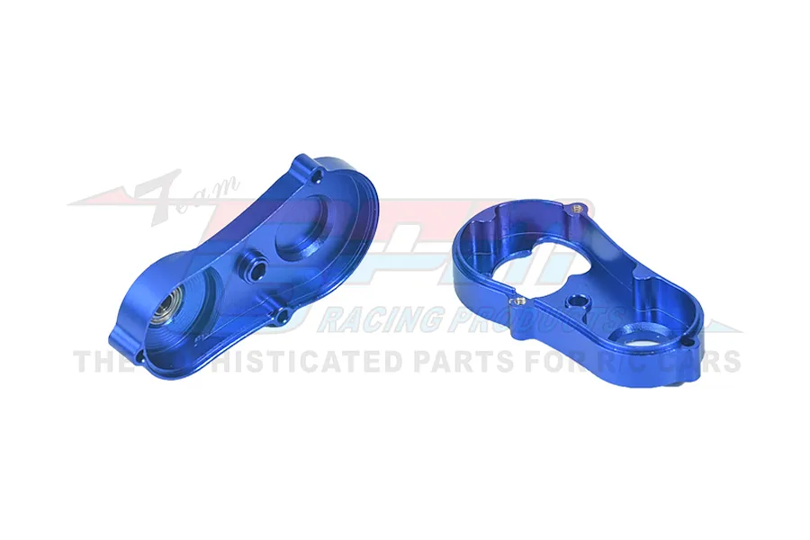 Two blue anodized aluminium RC gearbox housing halves shown from an internal perspective against a white background.