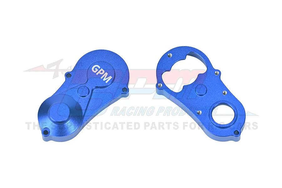 Two blue anodized aluminium gearbox housing halves for an RC car, featuring the GPM logo on one side.