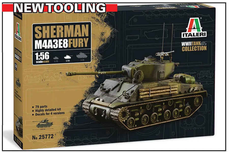 Italeri 1/56 M4A3E8 Sherman &amp;quot;Fury&amp;quot; Tank Scaled Plastic Model Kit image 91247