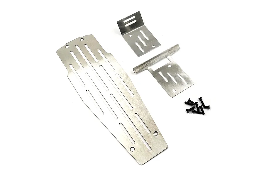 A set of stainless steel RC chassis skid plates and mounting hardware on a white background.