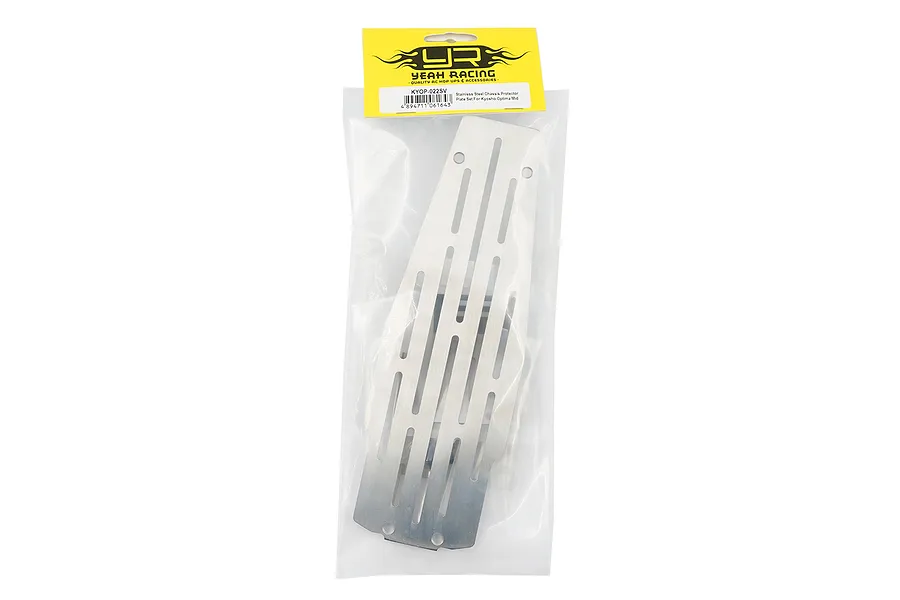 Yeah Racing stainless steel chassis protector plate set for Kyosho Optima Mid in original retail packaging.