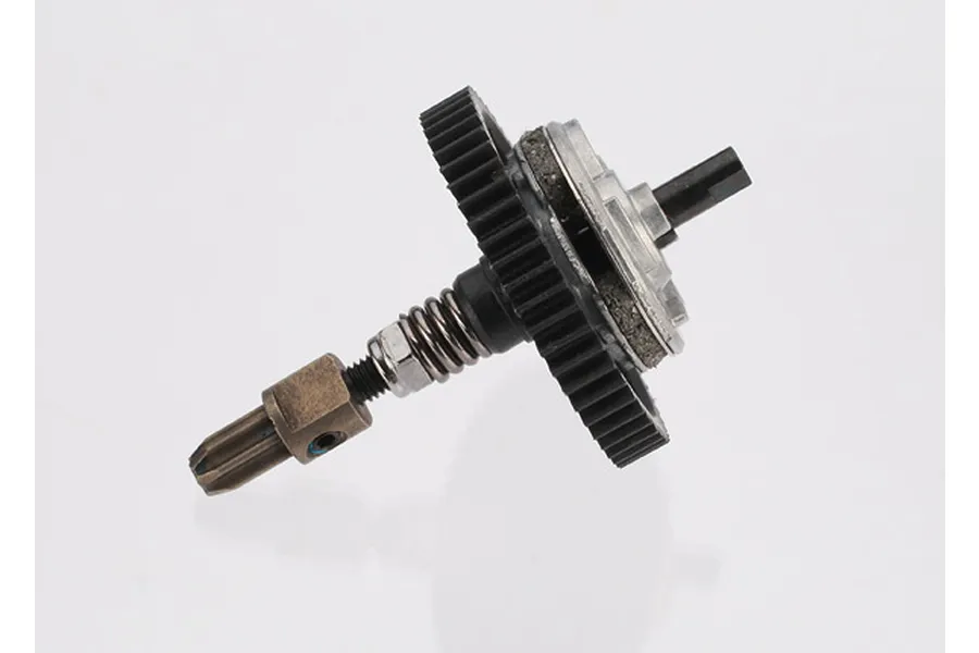 A complete Traxxas slipper clutch assembly featuring a black spur gear, metal shaft, spring, and friction pads against a white background.