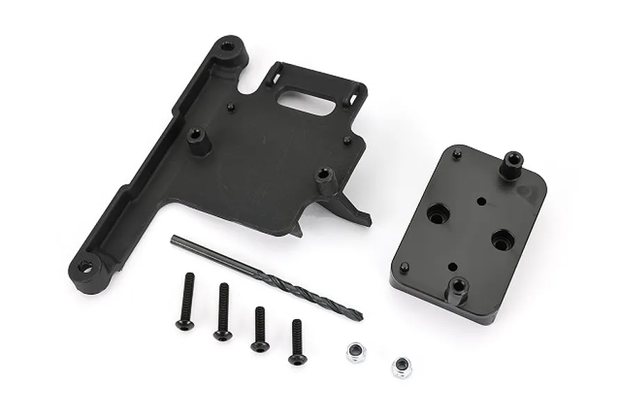 Traxxas Telemetry Expander Mount kit including two black plastic mounting plates, four screws, two nuts, and a drill bit on a white background.