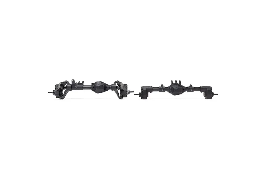 Two black RC portal axle assemblies for an Axial 1/10 scale vehicle, shown against a white background.
