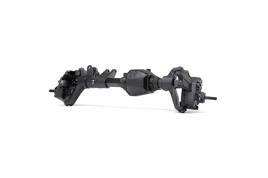 A black RC portal axle assembly for an Axial 1/10 scale vehicle, shown against a white background.