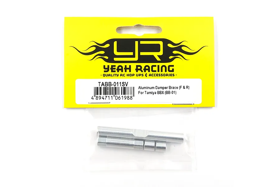 Yeah Racing silver aluminium damper brace set in yellow and black branded packaging for Tamiya BBX.