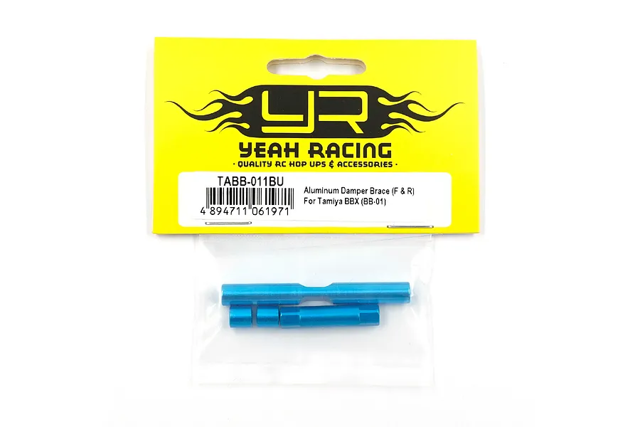 Yeah Racing blue aluminium damper braces for Tamiya BBX in original yellow and white retail packaging.