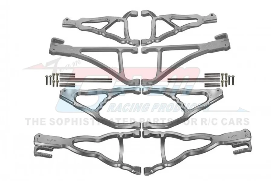 A set of silver GPM Racing aluminium lower suspension arms for an RC car, including mounting hardware, displayed against a branded background.