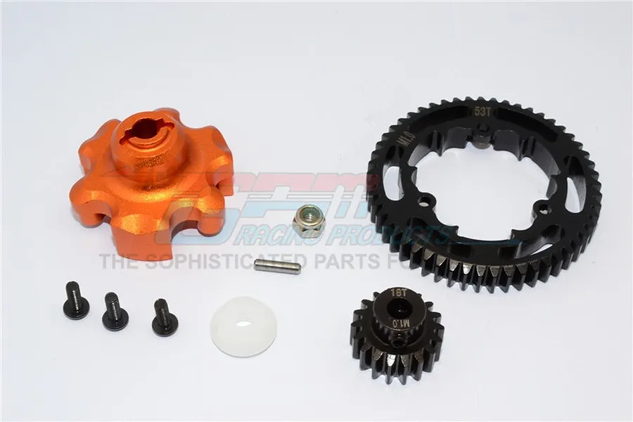 GPM HD Steel 18T/53T 1Mod Pinion &amp;amp; Spur Gear Set w/ Orange Aluminium Gear Adapter image 91738