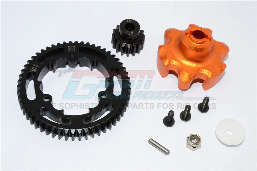 GPM HD Steel 16T/54T 1Mod Pinion &amp;amp; Spur Gear Set w/ Orange Aluminium Gear Adapter image 91739