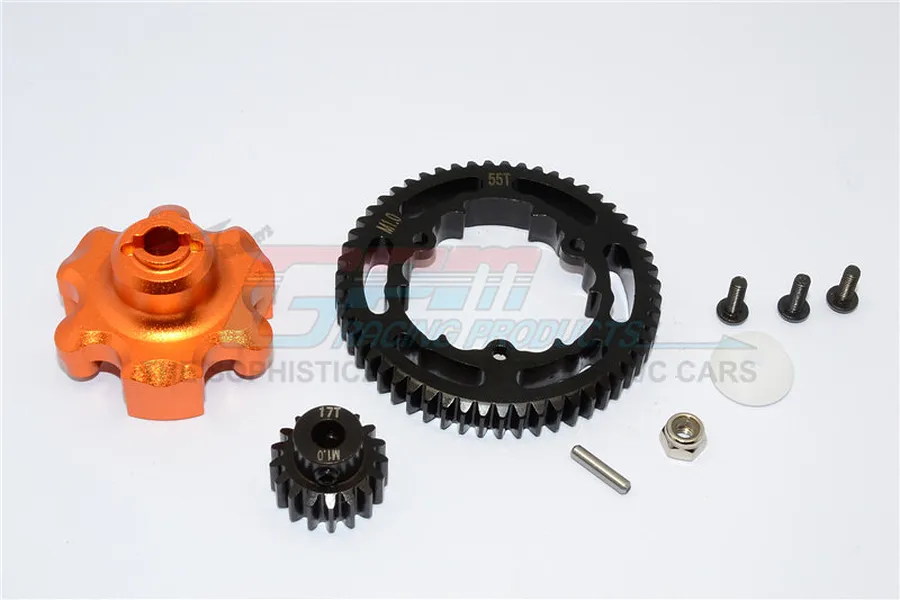 GPM HD Steel 17T/55T 1Mod Pinion &amp;amp; Spur Gear Set w/ Orange Aluminium Gear Adapter image 91740
