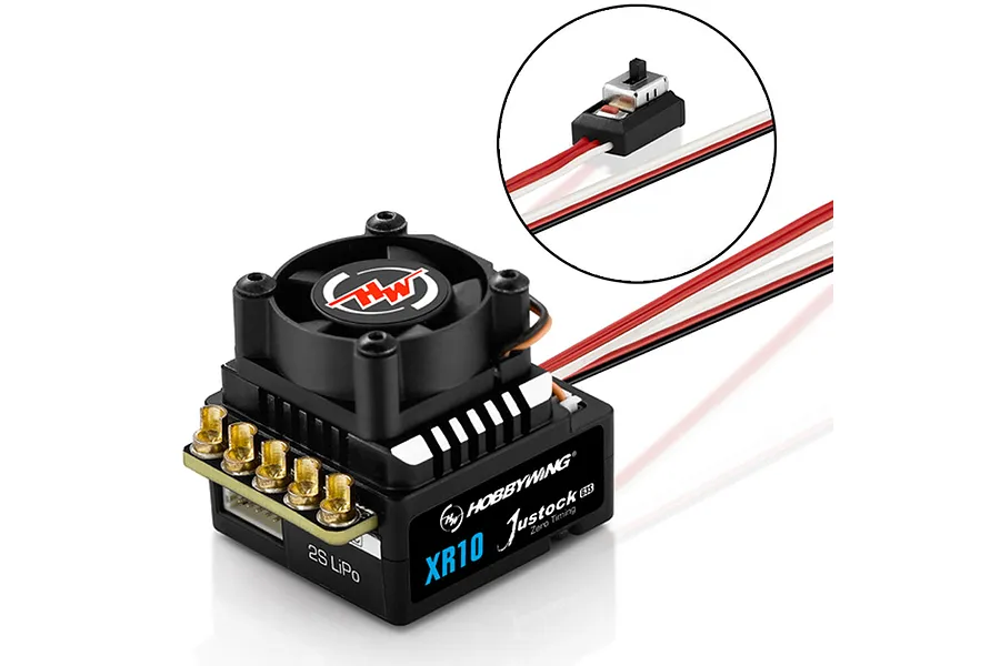Hobbywing XeRun XR10 Justock G3S brushless ESC with cooling fan and power switch, featuring black casing and gold-plated connectors.