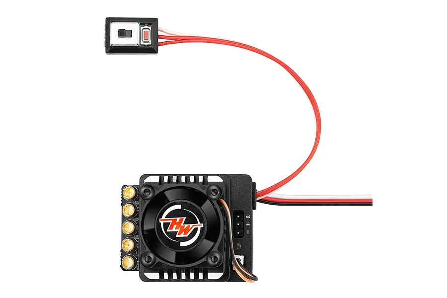 Hobbywing XeRun XR10 Justock G3S brushless ESC with integrated cooling fan, power switch, and wiring harness on a white background.