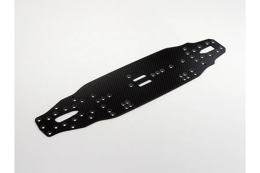 A carbon fiber chassis plate for a Tamiya TRF421 RC car, featuring a woven texture and numerous pre-drilled mounting holes.