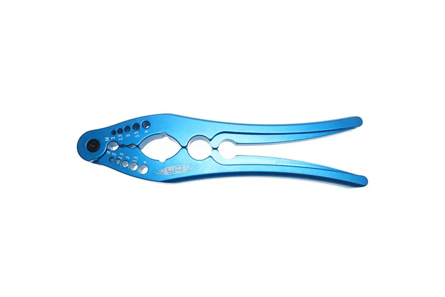 Yeah Racing blue aluminium shock shaft pliers with integrated pin and screw sizing holes on a white background.