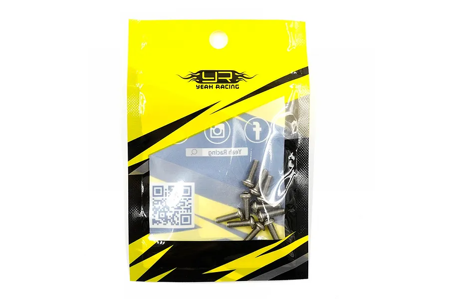 A pack of ten Yeah Racing titanium button head screws in a yellow and black branded plastic bag.