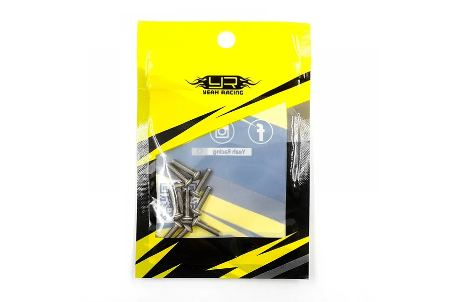 A pack of Yeah Racing titanium button head screws in a yellow and black branded plastic bag.