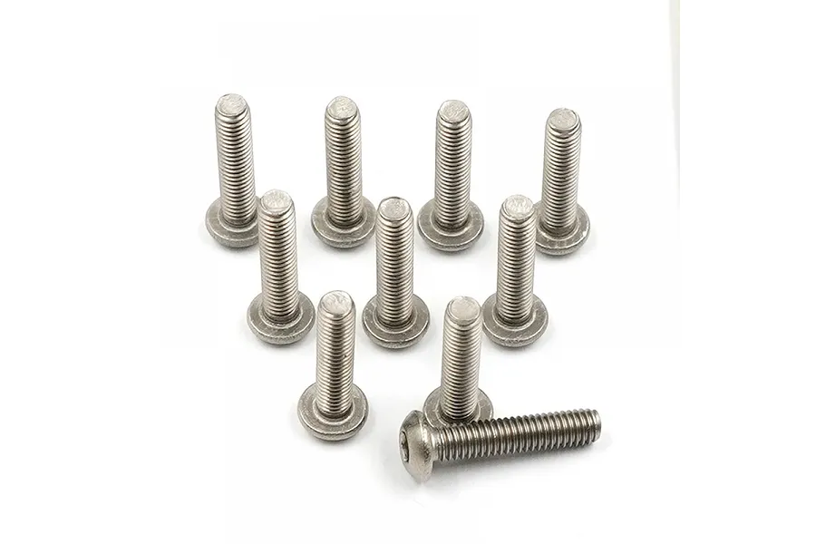 A set of ten silver-coloured titanium button head screws with fine threads arranged on a white background.